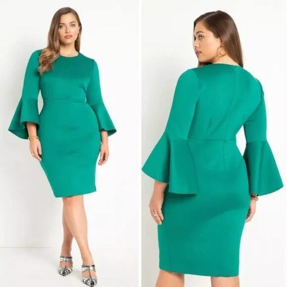 NEW Eloquii green scuba dress flare sleeves, size 22 - Picture 1 of 14